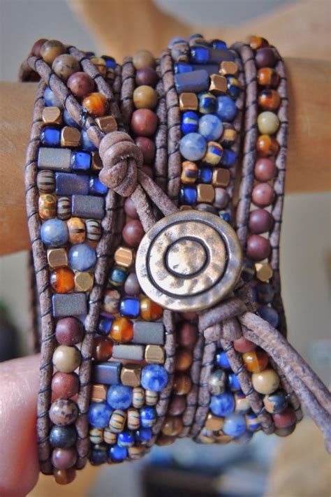 Rustic Old World Czech And Sodalite 5 Wrap Leather Bracelet With Painted Jasper Brown Howlite