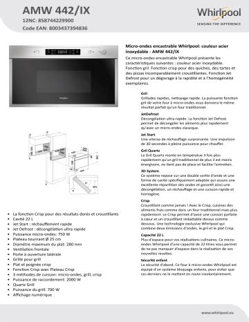 Whirlpool Amw Ix Microwave Product Data Sheet Manualzz