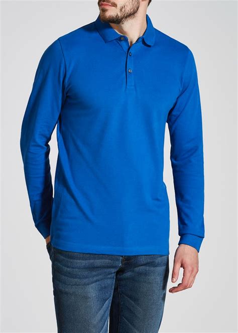 Big And Tall Stretch Long Sleeve Polo Shirt Blue Matalan