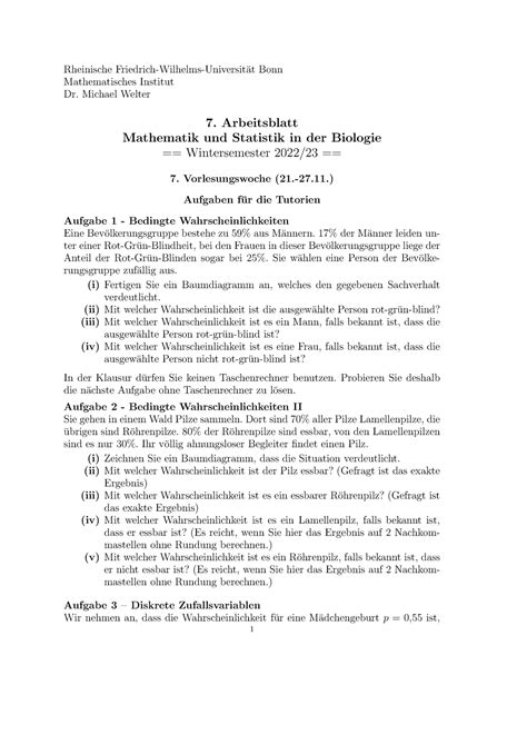 Arbeitsblatt Mathematik Und Statistik In Der Biologie Rheinische