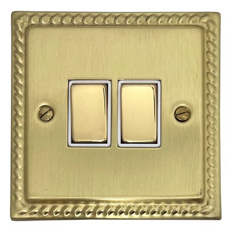 G H Georgian Satin Brass Light Switch 2 Gang Brass Switch White Insert