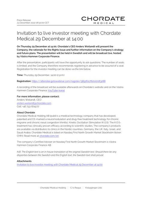 invitation   investor meeting  chordate medical  december