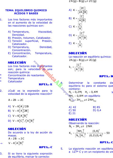 Equilibrio Quimico Ácidos Y Bases Problemas Resueltos Tipo Examen De Ingreso A La Universidad