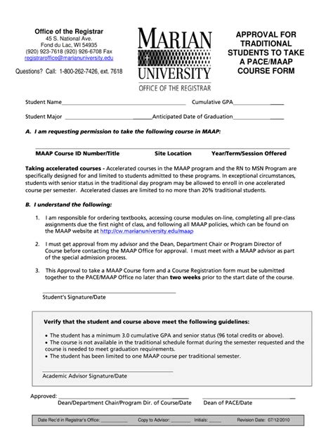 Fillable Online Marianuniversity MAAPCourse Request Traditional