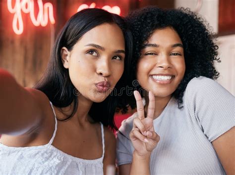 Black Women Peace And Sign With Selfie In Cafe Celebrate And Party