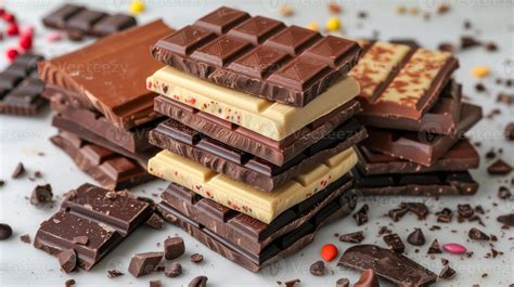 A Stack Of Assorted Chocolate Bars In Various Flavors And Colors