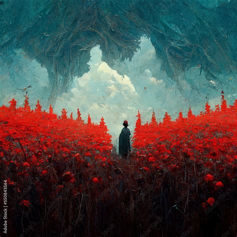 Fantasy Fairytale Landscape With People Walking Among Red Flowers Field Digital Art Concept