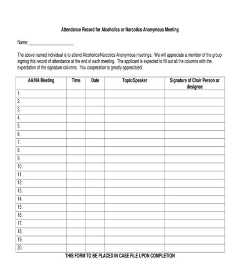 Alcoholics Anonymous Attendance Form New Aa Attendance Sheet Template