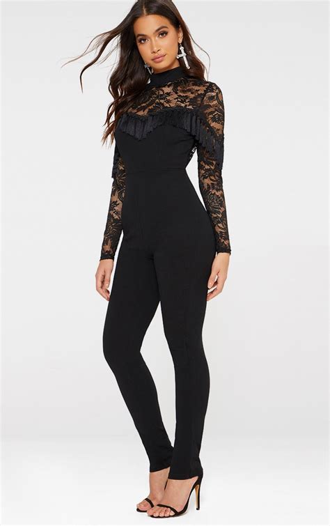 Black Lace Tassel Long Sleeve Jumpsuit Prettylittlething Ca