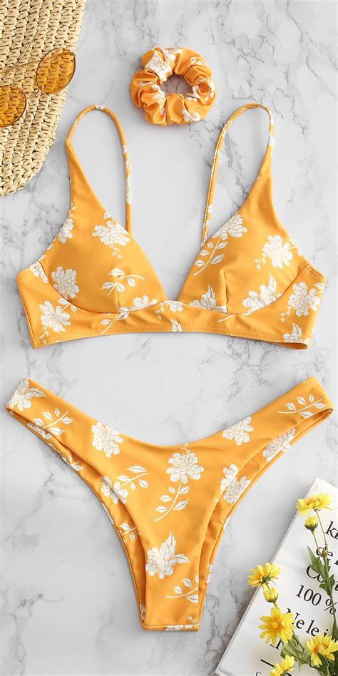 New Yellow Flower Bikini Set With Hairband Swimsuit Bikinis