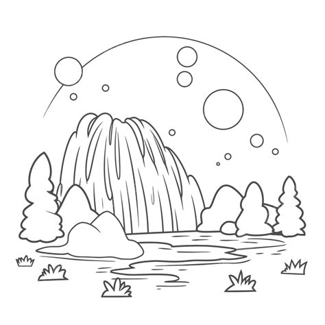 Waterfall Coloring Page With An Outline Drawing Of Trees Sketch Vector