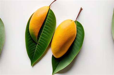 Sobre Un Fondo Blanco Se A Slan Dos Mangos Maduros Con Hojas Verdes