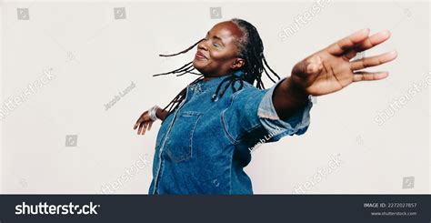 Mature Happiness Carefree Woman Dreadlocks Standing Stock Photo