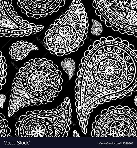 Paisley Buta Doodle Monochrome Line Art Seamless Vector Image