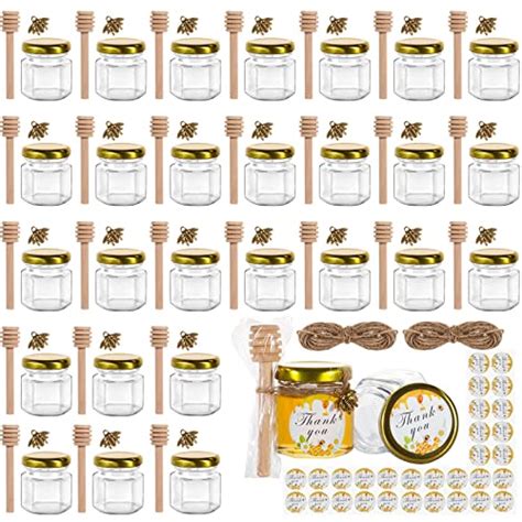 1 5 Oz Hexagon Mini Glass Honey Jars With Wood Dippers 30 Pack Small