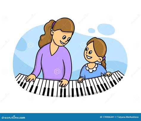 Girl Sitting By The Piano With Her Teacher For A Music Lesson Flat