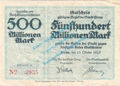 Inflation De Mio Mk Pirna Notgeld Millionen Mark Schein In