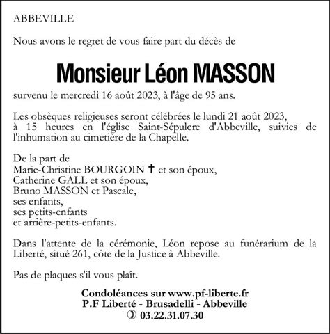 Avis De Décès De Léon Masson Pompes Funèbres Liberté Brusadelli