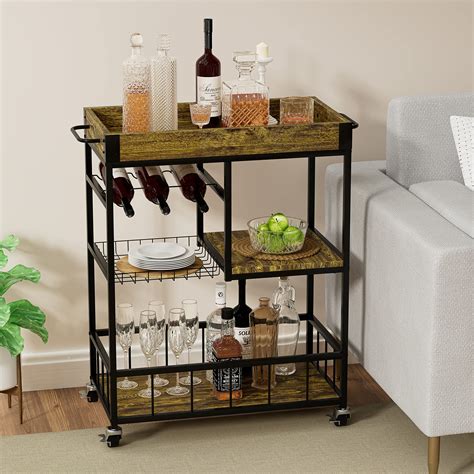 Bar Cart With Basket 3 Tiers Home Rolling Wine Rack With Wheels Mobile Kitchen Industrial