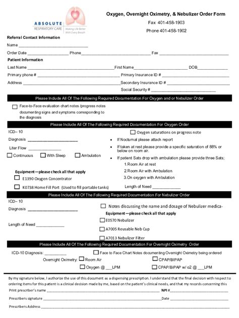 Oxygen Overnight Oximetry Nebulizer Order Form Required