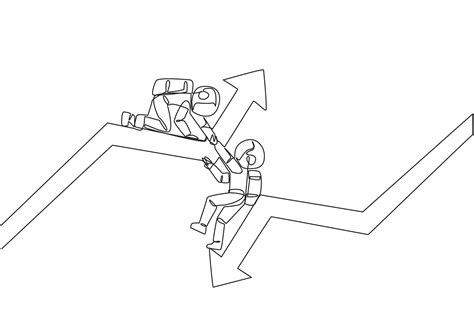 soltero uno línea dibujo astronauta ayuda colega escalada flecha