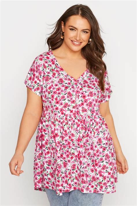 Limited Collection Plus Size Pink Floral Print Shirred Waist Peplum Top