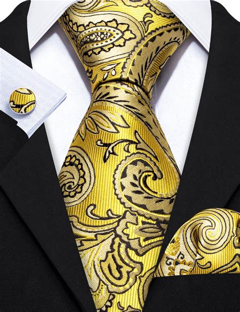 Barry Wang Neck Tie Yellow Black Silk Tie Pocket Square Cufflinks Set