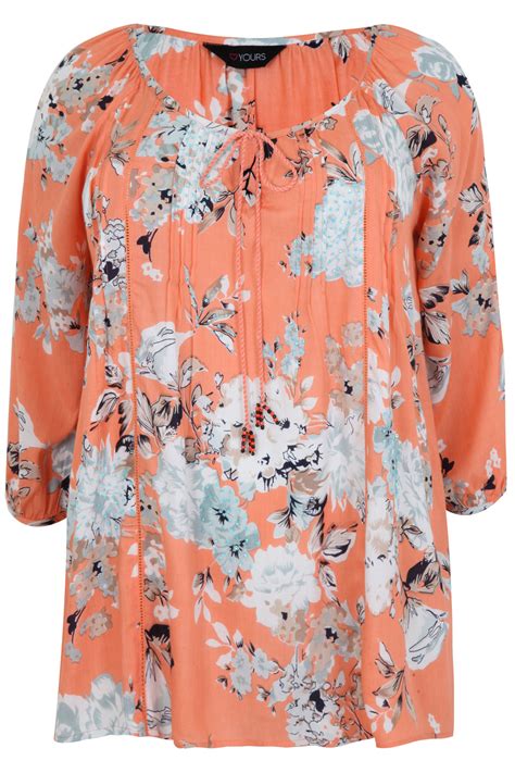 Peach Floral Print Blouse With Tassel Necktie Plus Size 16 To 36