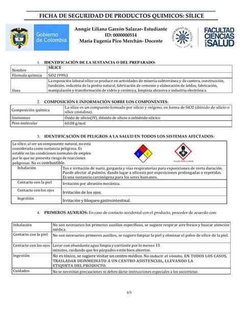 Ficha De Seguridad De Productos Qu Micos S Lice Anngie Garzon Udocz