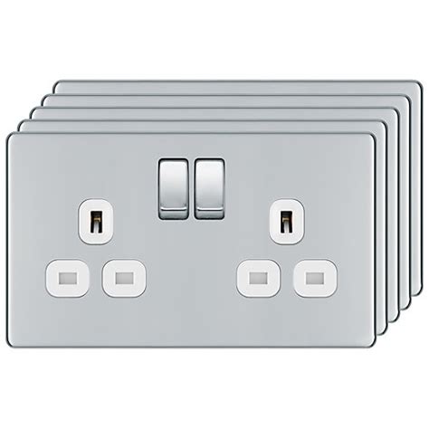 Bg 13a Screwless Flat Plate Double Switched Power Socket Double Pole 5 Pack Polished Chrome