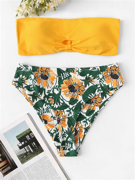 Daisy Print Knot Detail Bikini Set Shein Sheinside Bikinis Bikini