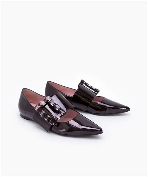 Black Patent Leather Buckle Embellished Strap Flats