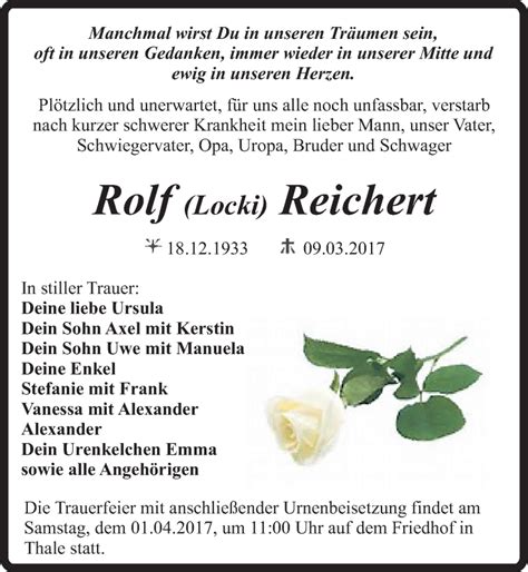 Traueranzeigen Von Rolf Reichert Abschied Nehmen De