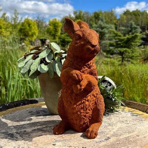 Cast Iron Hopping Bunny Statue Round Wood Of Mayfield