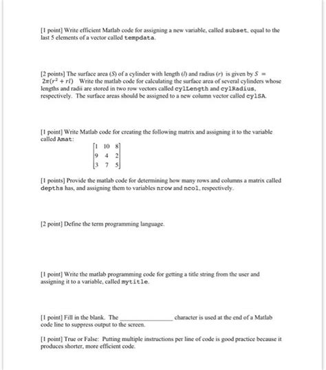 Solved 1 Point Write Efficient Matlab Code For Assigning A