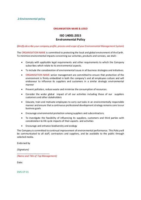 Iso 14001 2015 Policy Statement Example