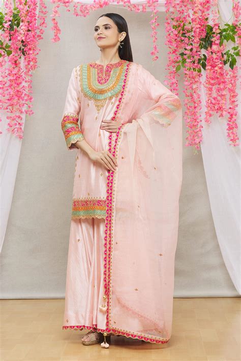 Buy Surbhi Shah Pink Spun Silk Floral Embroidered Kurta Set Online