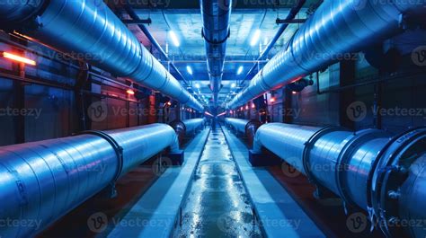 Industrial Underground Tunnel With Large Pipelines Extending Into The