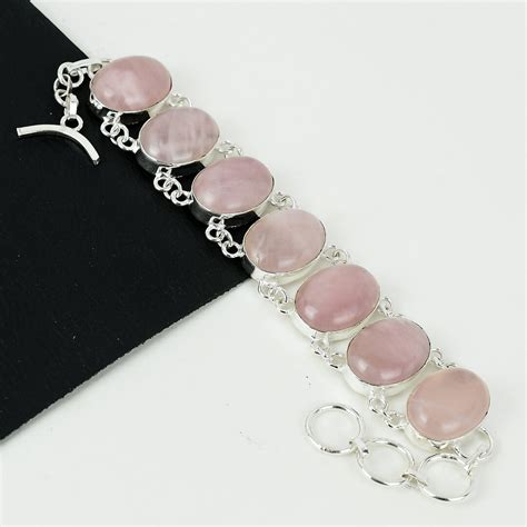 Rose Quartz Gemstone Handmade Sterling Silver Bracelet Natural Rose