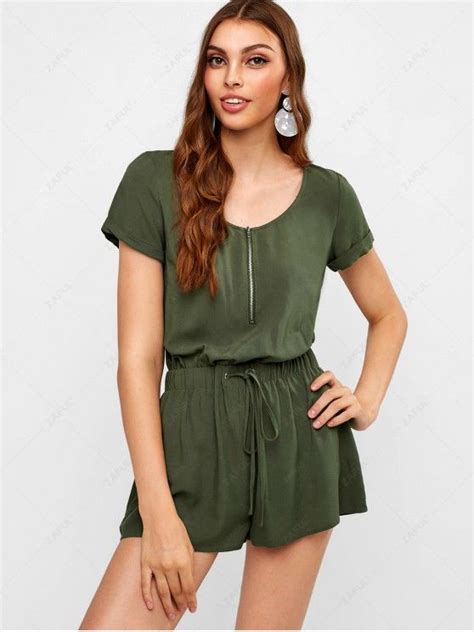 [35% OFF] 2021 ZAFUL Half Zip Drawstring Casual Romper In ARMY GREEN ...