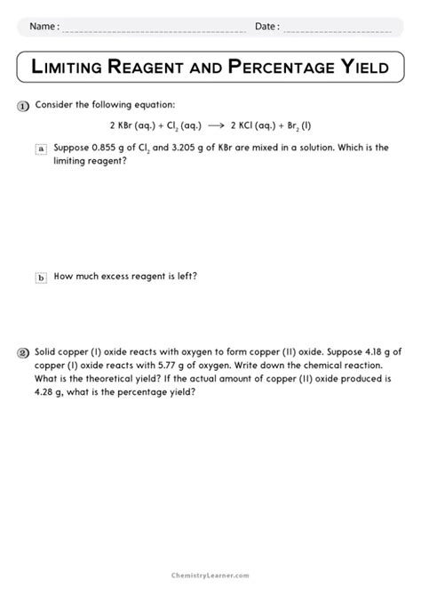 Free Printable Limiting Reactant And Percent Yield Worksheets