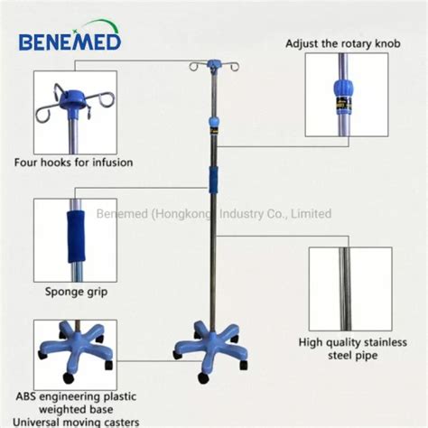 Hospital Height Adjustable Movable Stainless Steel Iv Pole Infusion