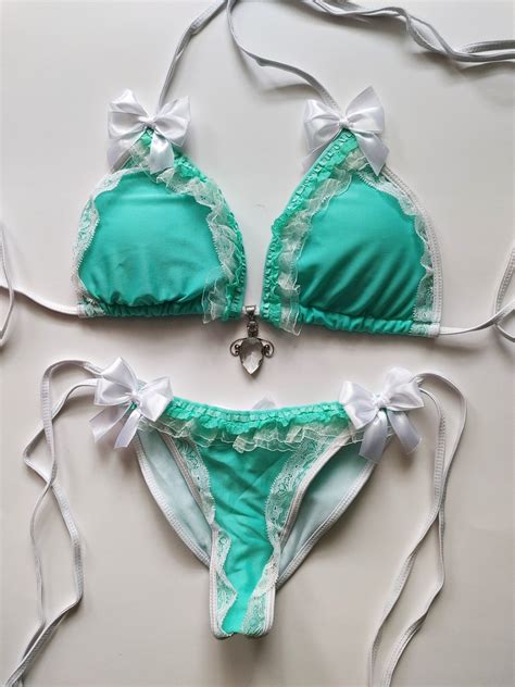 VICTORIAN LOLITA Scrunch Bottom Brazilian Bikini Mint Aqua Ruffle Bows Cheeky Ddlg Kawaii Rococo