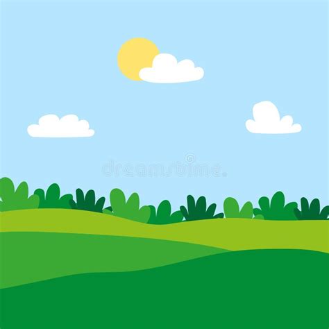 green cartoon meadow sun hills horizon vector illustration stock