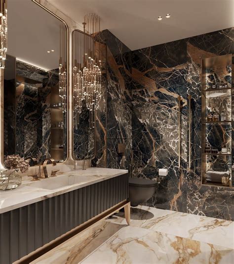 An Elegant Bathroom With Marble Walls And Flooring