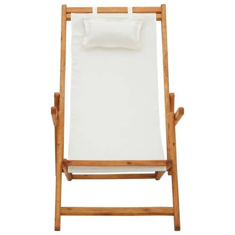 Chaise pliable de plage Bois d eucalyptus solide et tissu Crème