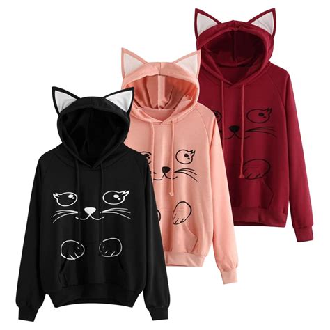 Red Pink Cute Cat Print Hoodies Women Cat Ear Cartoon Long Sleeve