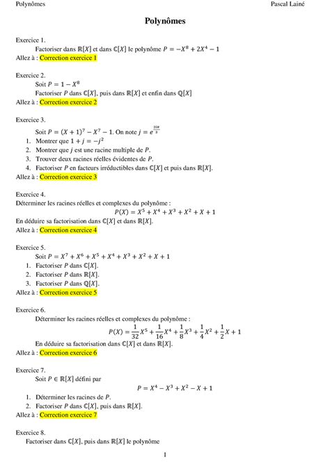 Exercices corriges polynomes Polynômes Exercice 1 Factoriser dans ℝ