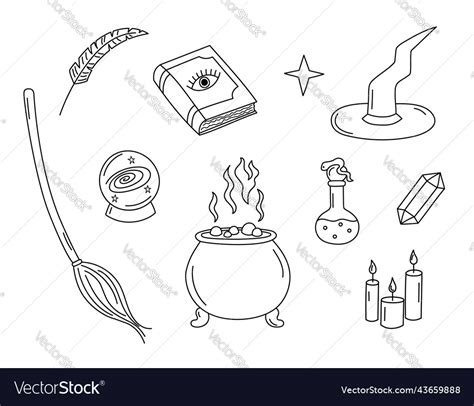 Witchcraft Doodles Set Witch Attributes Magic Vector Image