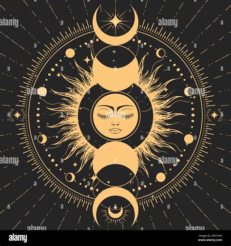 Lunar Phase And Mystic Dreaming Sun With Closed Eyes Astrology Symbol